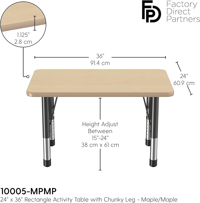 FDP Rectangle Activity School and Classroom Kids Table (24 x 36 inch), Chunky Toddler Leg, Adjustable Height 15-24 inches - Maple Top and Maple Edge