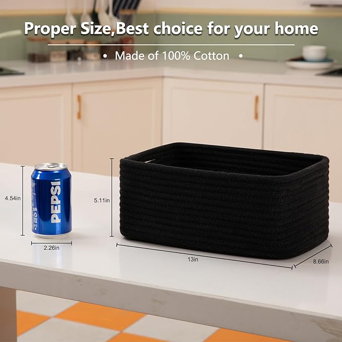 4 Pack Small Storage Shelf Baskets for Organizing, Mini Woven Rope Storage Bins for Towels, Cute Decorative Closet Organizer，Baby Nursery, Gift Empty Baskets -13''Lx8.66''Wx5.11''H-Black