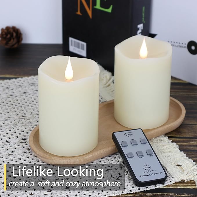 Flameless Candles Battery Operated with Remote Timer, 3D Moving Flame Flickering, Last 600+ Hours Battery Candles, 3" x 4" Ivory Real Wax Electric LED Candle for Wedding Party, Set of 2