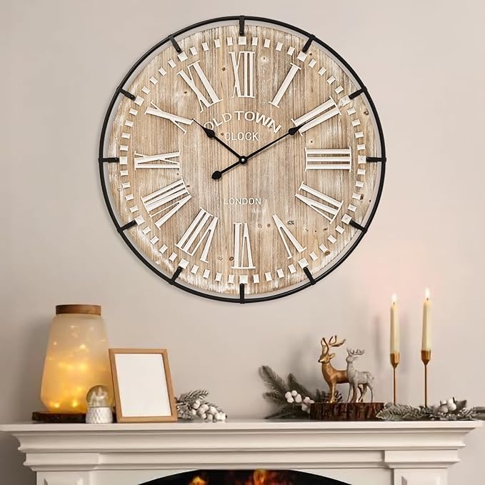 Farmhouse Wall Clock 30 Inch - Rustic Wood Metal Decor, Silent Sweep, Battery Operated for Living Room Kitchen Office, Brown