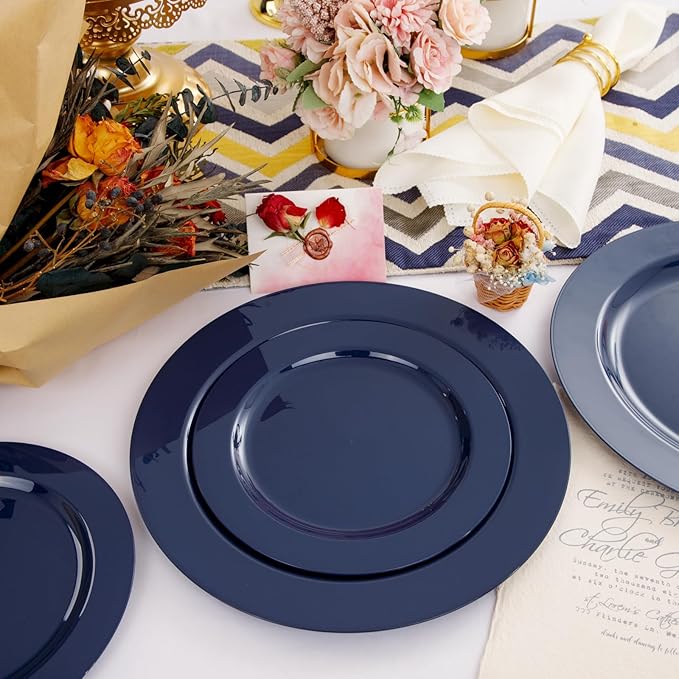 FLOWERCAT 60PCS Blue Plastic Plates - Heavy Duty Blue Plates Disposable (10.25" & 7.5") - serve for 30guest Birthday Party/Wedding/Father's Day/Memorial Day/Graduation