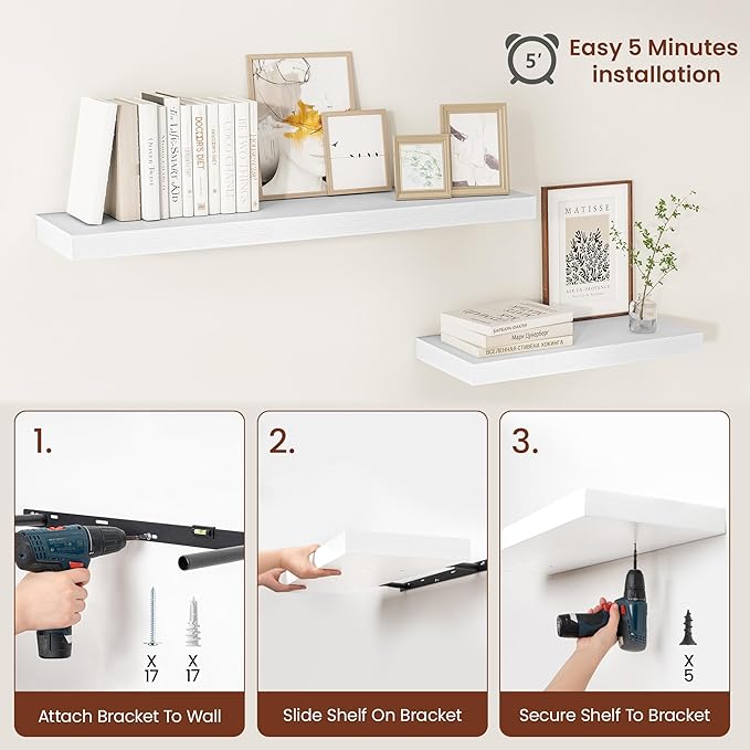 White Floating Shelves for Wall, 36 Inch X 12 Deep Shelves for Room Wall Mounted，2" Thick Heavy Duty Holds 65lbs Floating Shelf for Bedroom Bathroom Kitchen Laundry Room, Set of 2