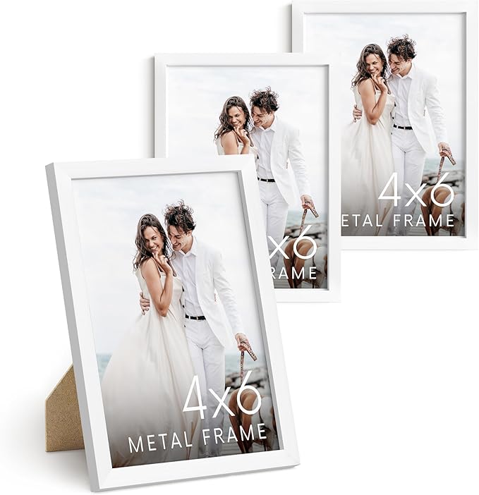 HAUS AND HUES 4x6 White Metal Picture Frames - White 4X6 Photo Frames - Features Premium Aluminum, Vertical Hanging, Easel Back for Tabletop, Home, Office (4x6 in, White, Set of 3)
