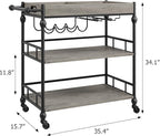 GarveeHome Bar Cart, Bar Carts for The Home, 3 Tier Serving Cart with Wheels, Home Bar & Serving Carts, Metal Rolling Cart with Wine Rack & Removable Tray for Kitchen, Dining Room, Living Room-Grey