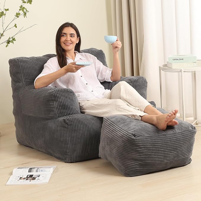 Comfy Gaint Bean Bag Chair with Ottoman, Huge Bean Bag Armchair for Adults and Teens, Dark Grey