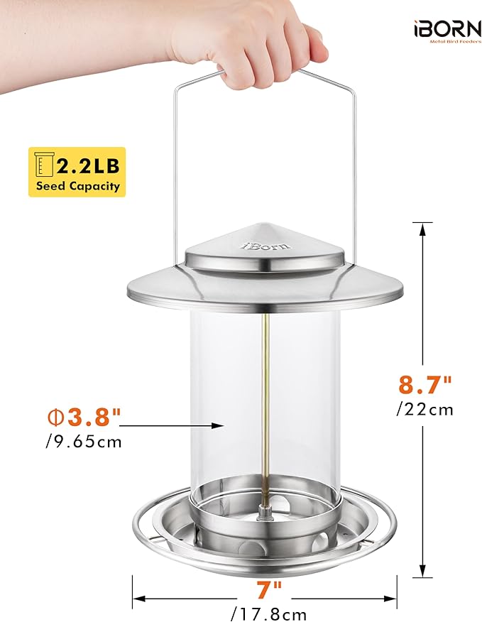 iBorn Metal Bird Feeders for Outdoors,Easy Clean Bird Seed Feeder,Hanging Bird Feeder for Seeds with Gift Box,3-Second Refill Bird Feeder,Nickle 6 Port (Seed is not Included)