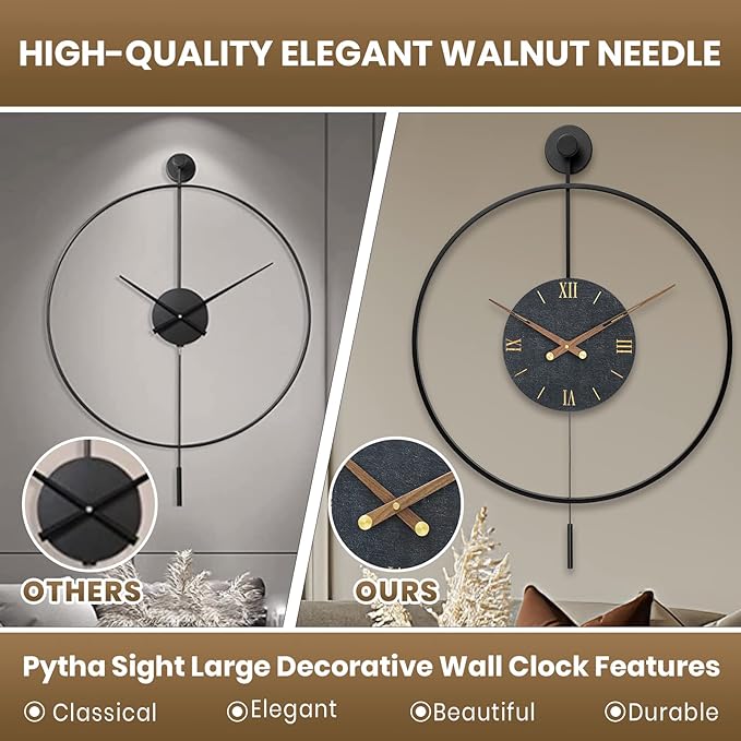 Large Modern Wall Clock,Wall Clocks for Living Room Decor,Classical Silent Metal Minimalist Walnut Dial,Big Decorative Farmhouse Pendulum Wall Clock With Walnut Pointers for Office,Dining Room