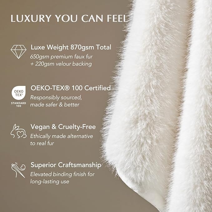 Luxury Faux Fur Throw Blanket, Soft Fluffy Faux Mink Blankets for Bed, Couch, Sofa, Thick Cozy Plush Warm Fur Throws with Reversible Velvet, Ivory Mink, 50"x60"