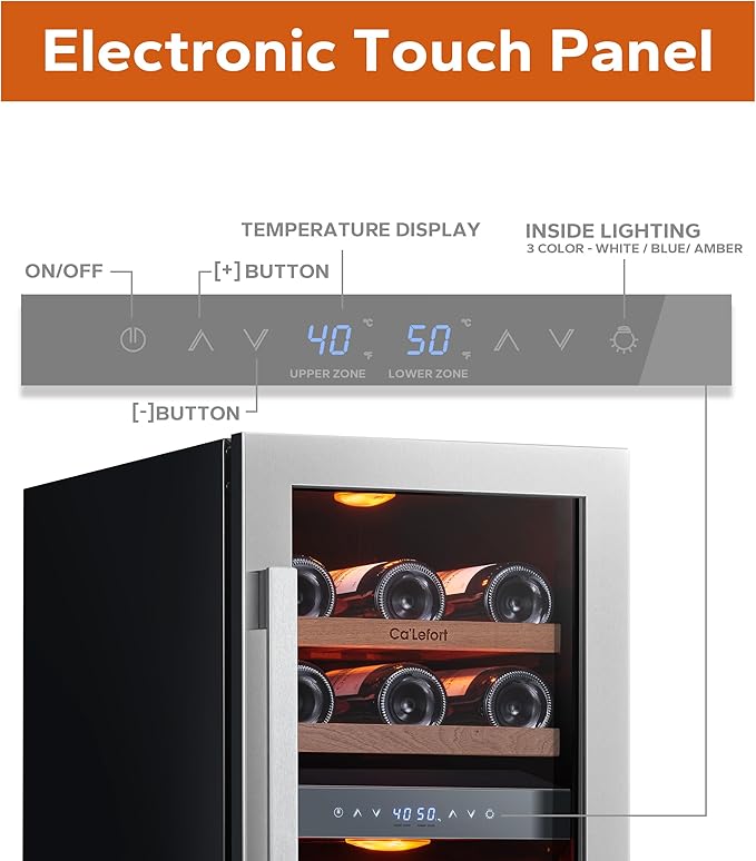 Ca'Lefort 15 Inch Wine Fridge, 28 Bottle Wine Cooler Refrigerator, 40-65°F Wine Refrigerator Glass Door, 3 LED Dual Zone Wine Fridge, Built-in or Freestanding Fridge for Home/Bar/Kitchen (3.0 cu.ft)