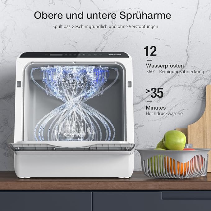 Portable Dishwasher Countertop, WIFI Smart Dishwasher, Compact Mini Dishwashers with 5L Built-in Water Tank, 6 Programs, 360° Dual Spray, High-Temp& Air-Dry Function, Fruit Cleaning