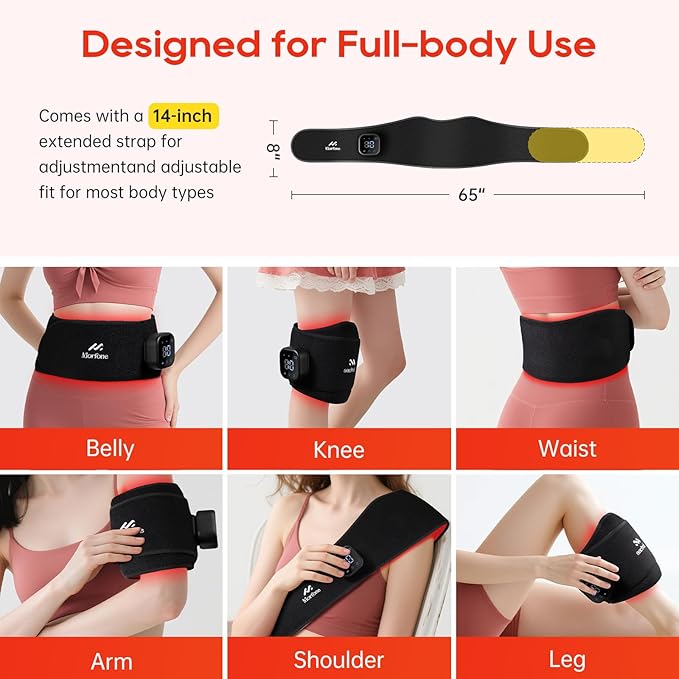 Morfone Red Light Therapy Belt, Cordless Infrared Light Therapy Pad for Body Heating Vibration Rechargeable Waist Wrap with Controller/Timer, 660nm&850nm, for Back Shoulder Muscle Pain Relief