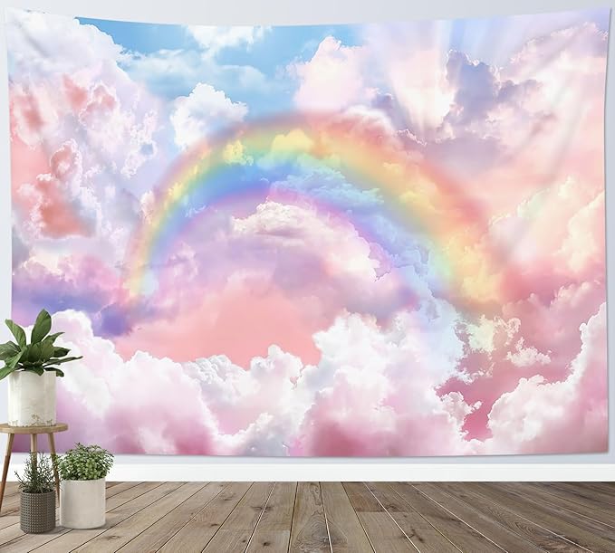 HVEST Rainbow Cloud Tapestry Wall Hanging - Rainbow and Pink Cloud With Glow Sunshine in Pastel Sky, Aesthetic Nature Landscape for Living Room Bedroom Decor, 59x51 Inches