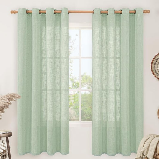 LAMIT Fresh Green Linen Curtains 72 Inch Length for Living Room, Soft Thick Linen Textured Window Drapes Semi Sheer Light Filtering Bronze Grommet Panels Rustic Country Decor, 2 Panels, 52 x 72 Inch