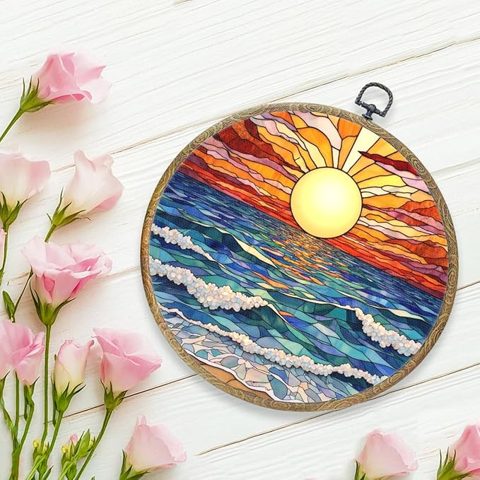 Colorful Boho Waves on The Beach Sunset Gifts for Sunset Lovers Framed Round Wall Decor Canvas Wall Art Hanging Prints Artwork for Home Nursery Bathroom Bedroom Living Room Decorations 10.2X10.2 Inch