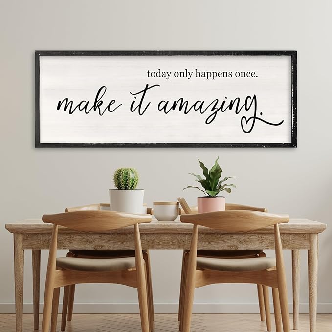 RLWangChao Today Only Happens Once Make It Amazing Wall Art Decor 40x15 Inch Large Inspirational Quote Sign Rustic Living Room Vintage Wood Frame Office Motivational Home Wall Hanging (Black)
