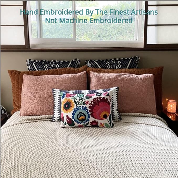 Lumbar Cream Floral Pillow Cover Polish Flower Accent Chair Pillowcase Couch Modern Farmhouse Couch Cushion Hand Embroidered Wool Size 14x20 Inch