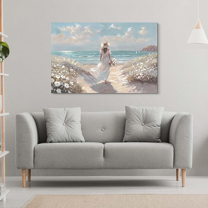cozy country Beach Wall Art 45"x30" - Coastal Pictures Ocean Canvas Decor - Nautical Artwork Seascape Hand Painting for Girls Room, Bedroom, Sea House