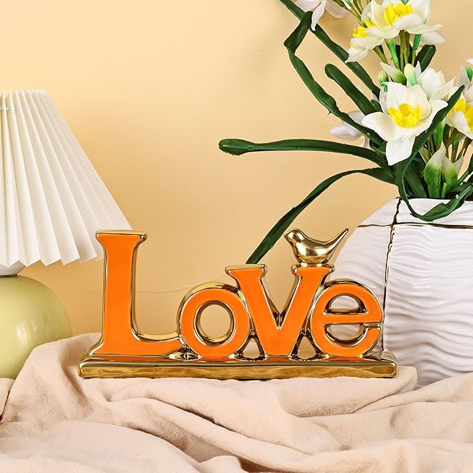 Love Sign Decoration,Orange and Gold Love Signs for Home Decor,Gold Bird Sculpture Personalized Love Decor,Gold Style Figurine Decorative Ornaments for Living Room,Bedroom,Cabinets (Love, Orange)