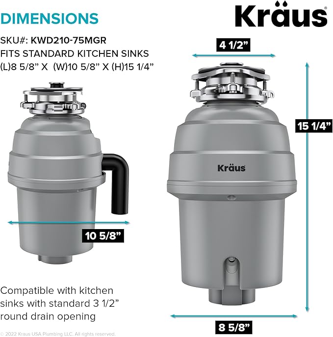 KRAUS WasteGuard High-Speed 3/4 HP Continuous Feed Ultra-Quiet Motor Garbage Disposal with Power Cord and Flange Included and Universal Mount, KWD210-75MGR