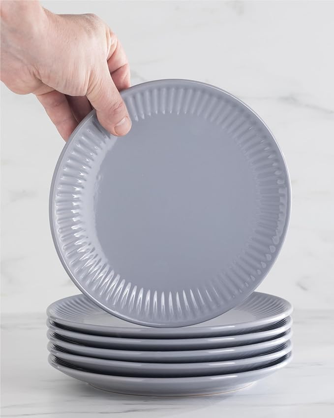 Stoneware Dinnerware Set for 8 People HYGGE 24-Piece - Elegant Scandi Design - Premium Dish Set - Bowl and Plate Set - Tableware for 8 People in a Ribbed Design - Pure Living in Gray-Blue