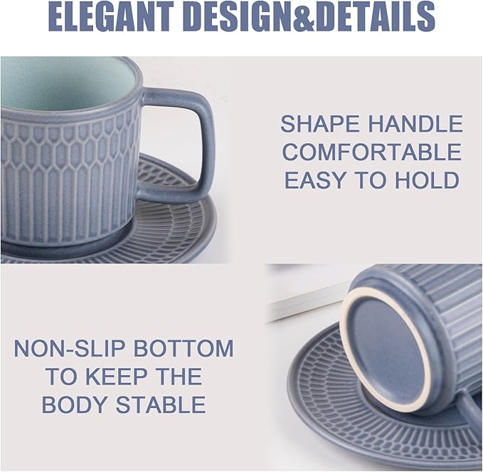 Large Cappuccino Cups with Saucers Set of 4, 8 Ounce Stackable Embossed Ceramic Coffee Mugs for Specialty Coffee Drinks, Latte, Cafe Mocha and Tea, Dishwasher & Microwave Safe (Blue)