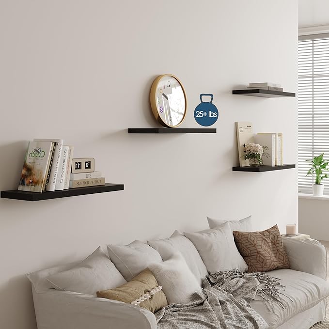 Wall Shelf Set of 2, Black Floating Shelves 36 in W x 10 in D x 1 in H, Wooden Floating Wall Shelf with Invisible Brackets for Living Room/Bedroom/Bathroom/Kitchen Storage and Decor