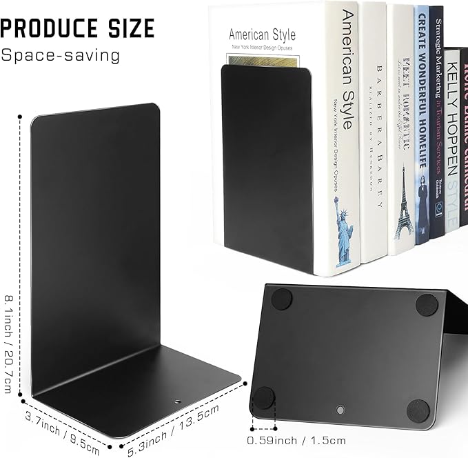 VONDERSO Metal Bookends, 4 Pairs Black Metal Book Ends Heavy Duty for Shelves Decor Home Office, Unique Black Bookends Supports Anti-Slip for Kids