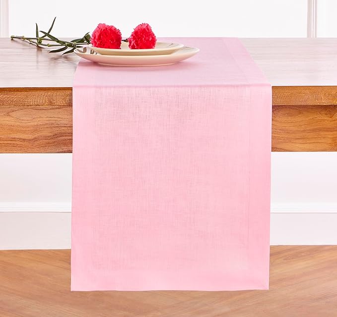 Solino Home Linen Table Runner 48 Inches - 100% Pure Linen Pink Lemonade Table Runner 14 x 48 Inch Ideal for Dresser and Coffee Tables - Halloween - Fete