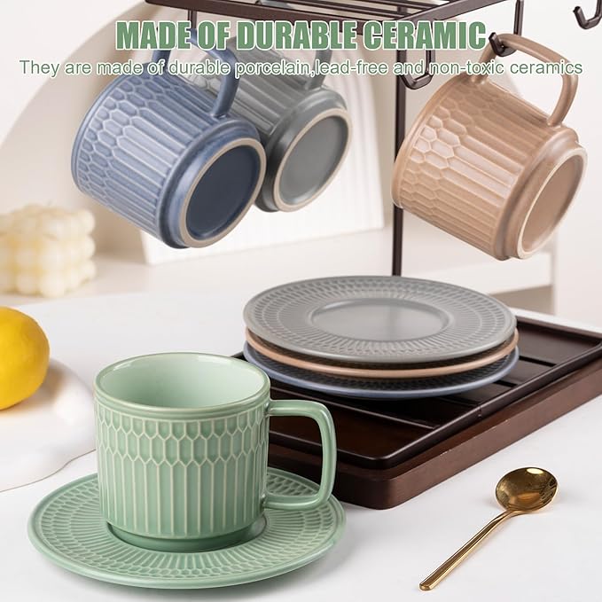 Large Cappuccino Cups with Saucers Set of 4, 8 Ounce Stackable Embossed Ceramic Coffee Mugs for Specialty Coffee Drinks, Latte, Cafe Mocha and Tea, Dishwasher & Microwave Safe (Mix)