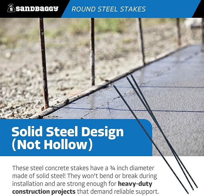 Sandbaggy Round Steel Concrete Form Stakes with Nail Holes - Rust Resistant Coating - Removable, Reusable (20, 3/4 in X 60 in)