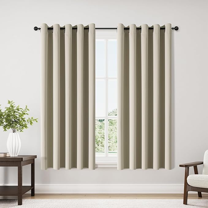 ChrisDowa Blackout Curtains 70 inches Wide for Bedroom - 2 Panels Set Extra Wide Grommet Thermal Insulated Room Darkening Curtains for Living Room (Beige, 70 x 63 Inch)