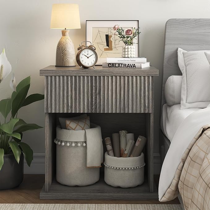 Fluted Nightstand, 22.8" Wide Nightstands with Drawer Storage Large Wood BedsideTable Night Stand for Bedroom, Grey Oak