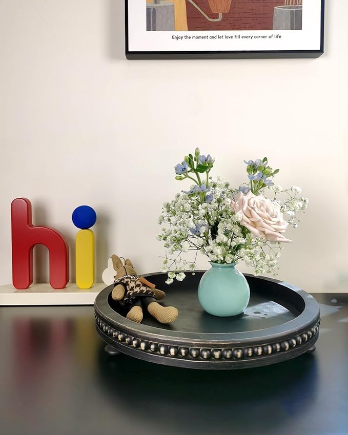 12 Inches Rustic Wooden Decorative Tray, Small Round Beaded Wood Tray for Kitchen Dinning Table Centerpiece Decor Entryway Living Room Home Decor, Black