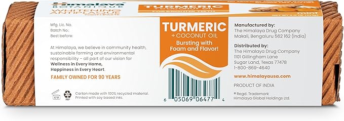 Himalaya Botanique Turmeric & Coconut Oil Whitening Antiplaque Herbal Toothpaste, Whitens Teeth, Fluoride Free, No Artificial Flavors, SLS Free, Vegan, Cruelty Free, Foaming, Mint Flavor, 4 Oz, 4 Pack