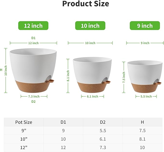 FaithLand 3-Pack Large Planter Pots, 12 10 9 Inch Self Watering Flower Pots for Indoor Outdoor Garden Plants, White with Brown