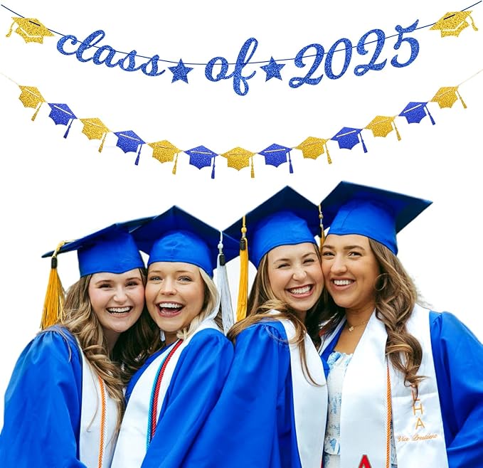 Navy-Blue Gold-White Party-Decoration Graduation Banner - 14pcs Kits Cap Garland Streamers, Royal Paper Tissue Pom Poms Flowers Fans Honeycomb,Class Of 2025 College High School Grad Decor Hugfond