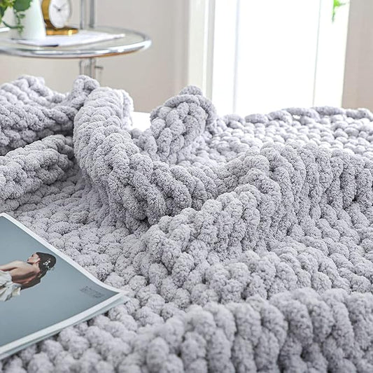 Bigacogo Chunky Knit Throw Blanket for Couch, 60x80 inches, 100% Hand Knitted with Thick Jumbo Chenille Yarn, Cozy Soft Large Rope Knot Cable Crochet Blankets for Sofa Bed Living Room, Light Grey