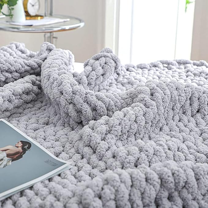Bigacogo Chunky Knit Throw Blanket for Couch, 40x60 inches, 100% Hand Knitted with Thick Jumbo Chenille Yarn, Cozy Soft Large Rope Knot Cable Crochet Blankets for Sofa Bed Living Room, Light Grey