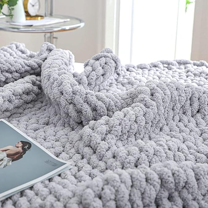 Bigacogo Chunky Knit Throw Blanket for Couch, 80x90 inches, 100% Hand Knitted with Thick Jumbo Chenille Yarn, Cozy Soft Large Rope Knot Cable Crochet Blankets for Sofa Bed Living Room, Light Grey
