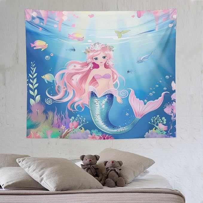 HZOHNAGO Mermaid Girls Tapestry Watercolor Mermaid Princess Pattern Printed Wall Tapestry Wall Hanging for Bedroom Living Room Dorm 60" W x 50" H