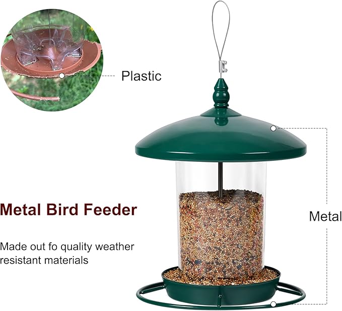 Metal Bird Feeder for Outdoors Hanging,3.0LB Seed Feeder,Easy to Fill & Clean,360° Feeding,Chew Proof Weatherproof Roof for Gardens and Wild Birds,Green