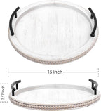SwallowLiving White Wooden Beaded Serving Tray with Handle Decorative Rustic Whitewashed Tray for Coffee Table Farmhouse Round Tray for Kitchen, Living Room and Bedroom