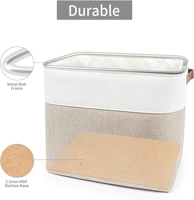 Large Fabric Storage Baskets | 50L Storage Bins, Decorative Linen Closet Baskets with Handles for Organizing, Shelf, Toys, Clothes, Home, Office, Nursery, 17x12x15Inches (Beige&White)
