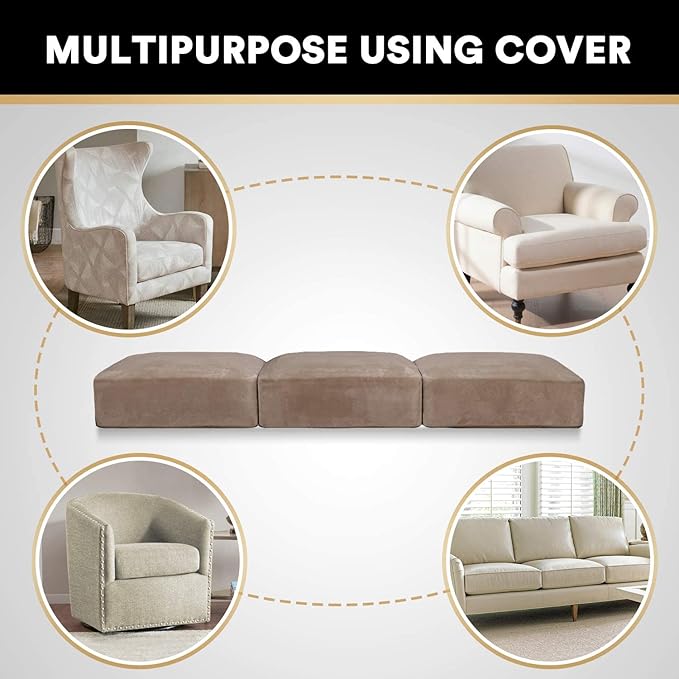 PrinceDeco Velvet Stretch Couch Cushion Cover Soft Cushion Slipcover for Chair Loveseat Sofa Cushion Furniture Protector Seat Cushion Sofa Cover (3 Piece XL Sofa Cushion Covers, Taupe)