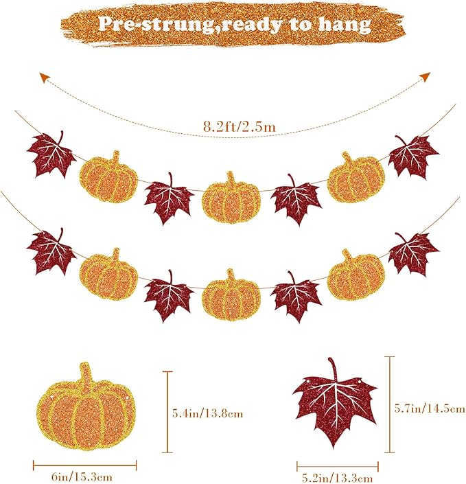 Fall Decorations Home Thanksgiving decor - Pumpkin and Maple Leaves Sign Fall Autumn Harvest Garland Hanging Bunting Banner(Pre-Strung)