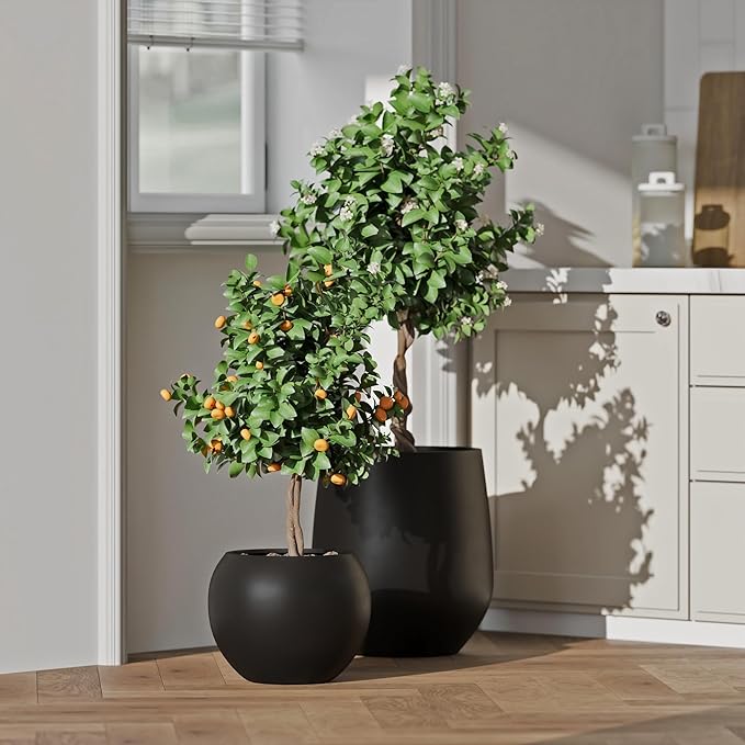 DTY Signature Mount Sherman Lightweight Durable Modern Fiberstone Sphere Planter for Indoor & Outdoor Drainage Hole & Rubber Plug Weather Resistant, 17" H x 21" Dia 14.4" Pot Opening - Large, Black