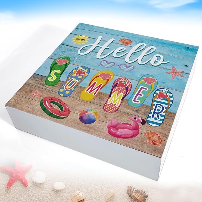 Summer Decor Hello Summer Decorations Flip Flop Wooden Sign Rustic Home Decor 5 x 5 Inches