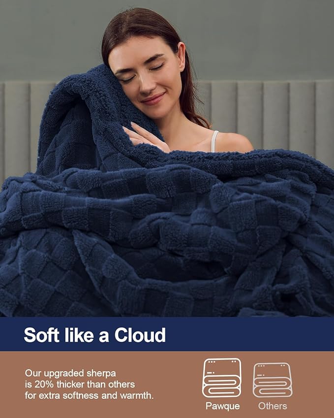 Pawque Super Soft Cozy Throw Blanket Queen Size for Couch Bed, Fluffy Sherpa Fleece Reversible Thick Warm Fuzzy Blanket for All-Season, 3D Checkered Jacquard Decorative Blankets, Navy Blue, 90"x90"