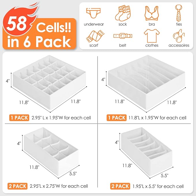 6 Pack Sock Underwear Drawer Organizer Dividers, 58 Cell Foldable Fabric Dresser Closet Organizers and Storage Bins for Clothing, Baby Clothes, Bra, Panty, Scarf, Ties (White)