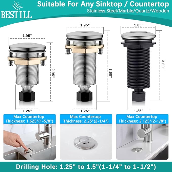 BESTILL Garbage Disposal Air Switch Kit - UL Listed, Cordless Sink Top Switch Button for Waste Disposer, 3.6" Long Push Button with Brass Cover, Brushed Nickel, Compatible with all Garbage Disposals